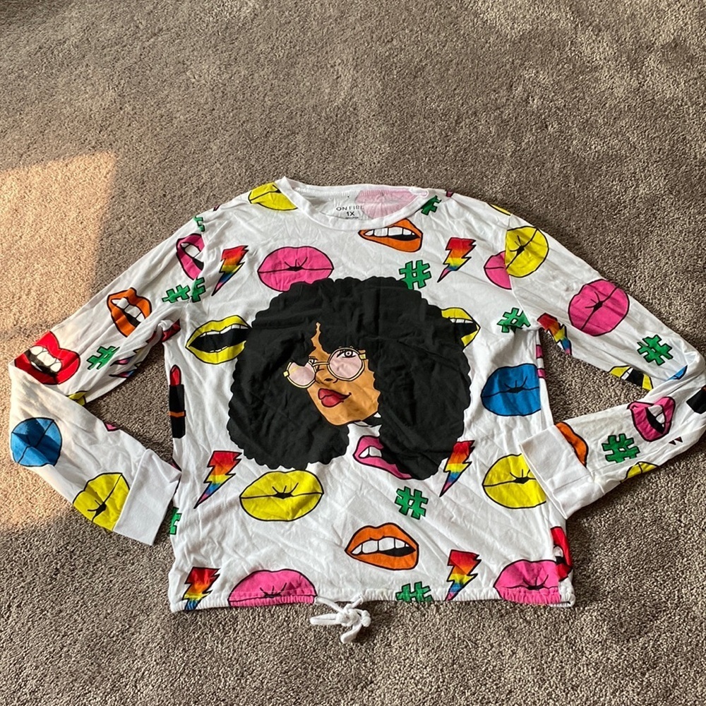 On Fire Graphic Sweatshirt Lips Lightning Afro Girl Print Drawstring Hem SIZE 1X
